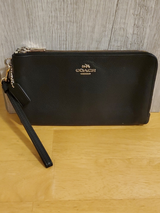 Coach Handbags - Coach Large Black Pebbled Leather Double Zip Wristlet ... Fits Phone & More